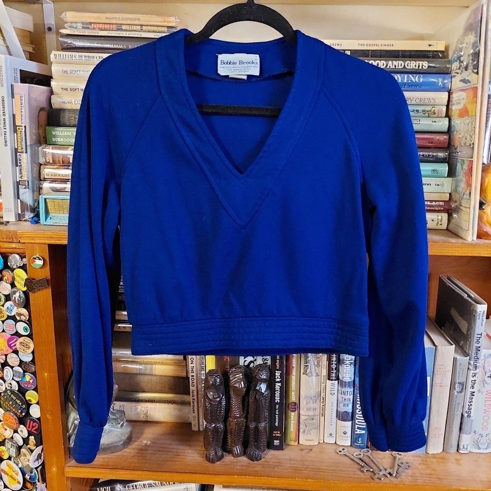 Vintage Bobbie Brooks 70s V-Neck Cropped Sweatshirt Royal Blue Union Made Small
